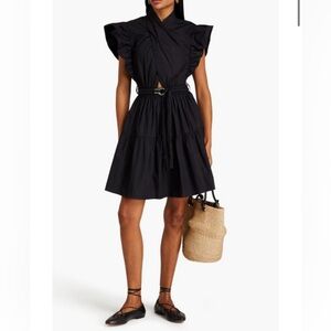10 Crosby Derek Lam Women's Black Finn Belted Ruffled Cotton-poplin Mini Dress